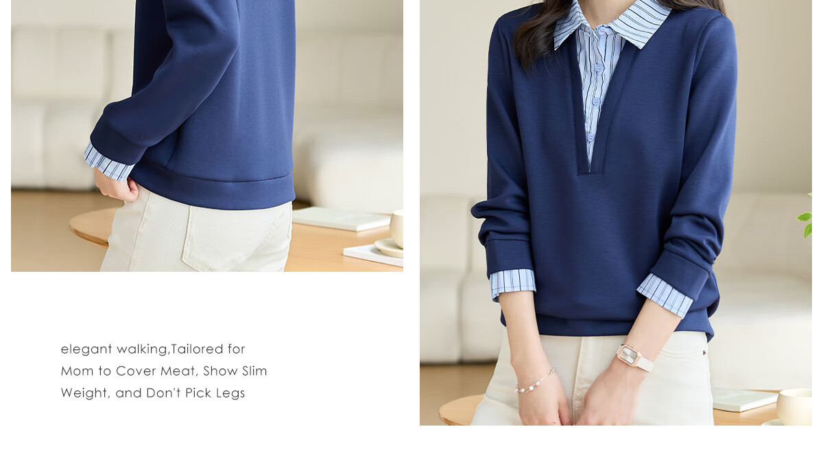 She Enjoy Women's Sweatshirt with Fake Two-Piece Shirt Collar and Striped Patchwork Casual Fashion Versatile Pullover T141W1668 8