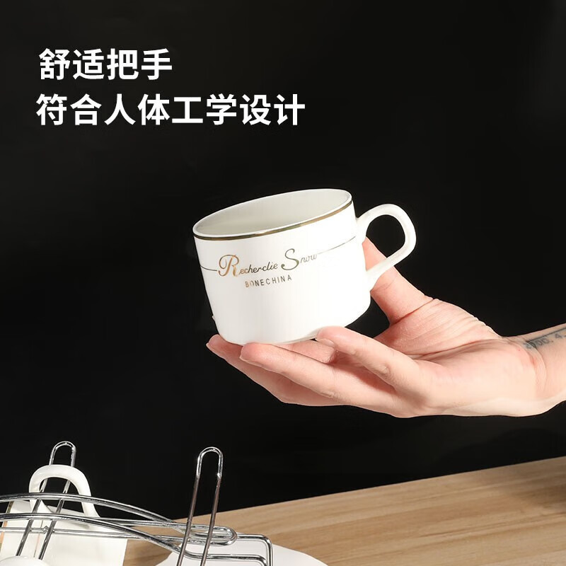 Mongdio Coffee Cup Set with European Gold Rim Ceramic Cups, Mugs, Water Cups, with Handles, 6 Cups, 6 Saucers, 6 Spoons, 1 Cup Holder, Gift Box Packaging