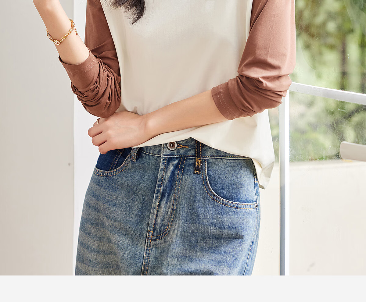 Taxiang Long-Sleeve T-Shirt for Women, Fashionable Small V-Neck Contrasting Color Spliced Top, Versatile Spring And Autumn Wear, Base Layer Shirt T143T2033 3