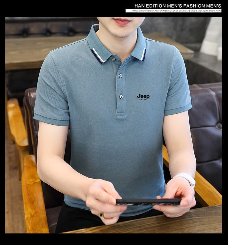 JEEP SPIRIT Men's Short Sleeve T-Shirt Summer Polo Shirt Casual Versatile Top Blue Green 3XL 24