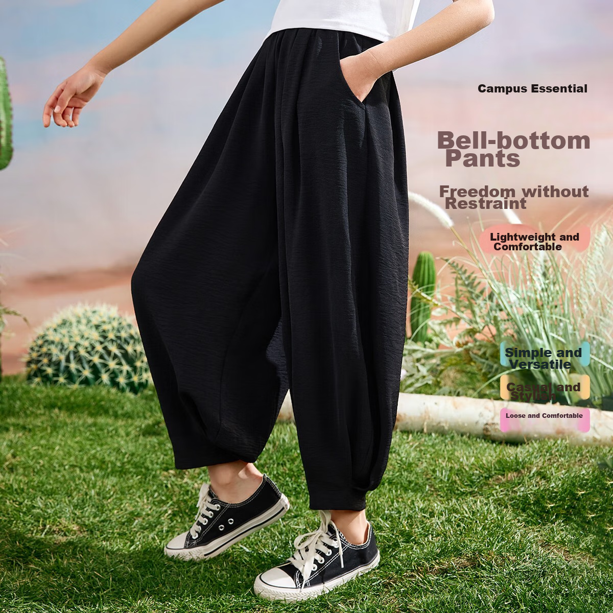 ASK JUNIOR Lantern Pants for Girls, Summer Loose Comfortable Ice Silk Cool Mosquito-Proof Pants for Older Children, Black, Size 120 1