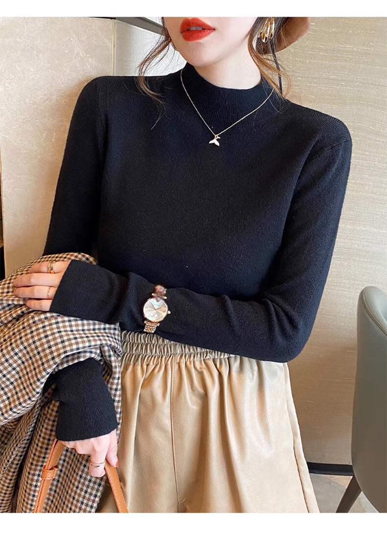 XUEXIMAN Semi-Turtleneck Base Layer for Women, Autumn And Winter Solid Color High-End Base Shirt, Versatile Slimming Knitted Sweater Suitable for Outer Wear 28