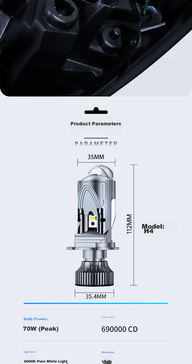 KEPUSHI Automotive LED Headlights, Dual Triple Light Lens H4 LED Headlights, High And Low Beam Integrated Laser Headlights, Modified Ultra-Bright Bulbs 12