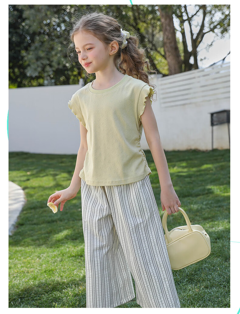 Follow Me Girls' Summer Outfit Set, Pastoral Style Laceless Sleeveless T-Shirt with Striped Casual Pants Two-Piece Set, Mustard Green, Size 130 2