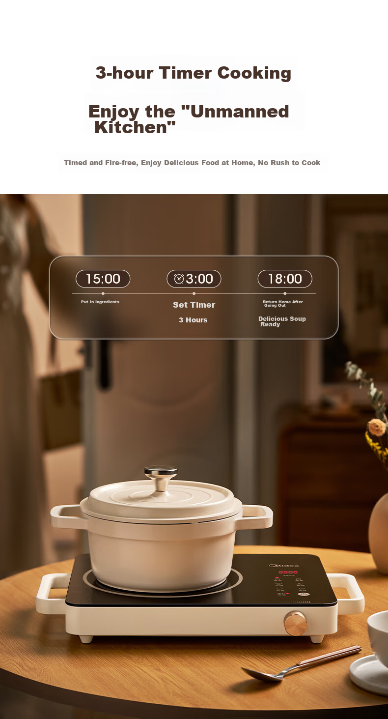Midea Induction Cooker, Ceramic Cooktop, Battery Stove, 2200W Electric Hot Pot, Intense Heat, Tea Brewing, Water Boiling, Stir-Frying, Electromagnetic Stove for Tea Brewing, Dual Ring Flame Control, Suitable for All Pots, Wear-Resistant And Easy to Clean HW2210 9