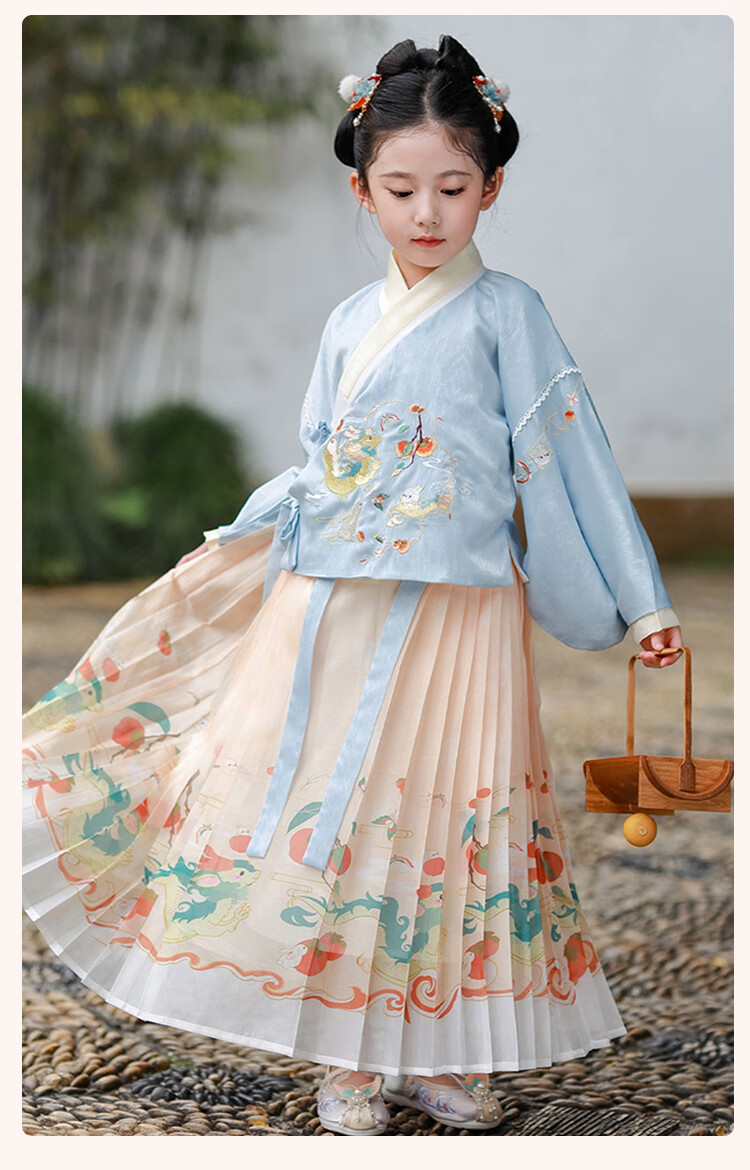 Luomeng Girls' Ming Dynasty Hanfu Chinese Style Children's Horse-Face Skirt Set Performance Costume, Hanfu Cobalt Blue Two-Piece Set, Size 160 8