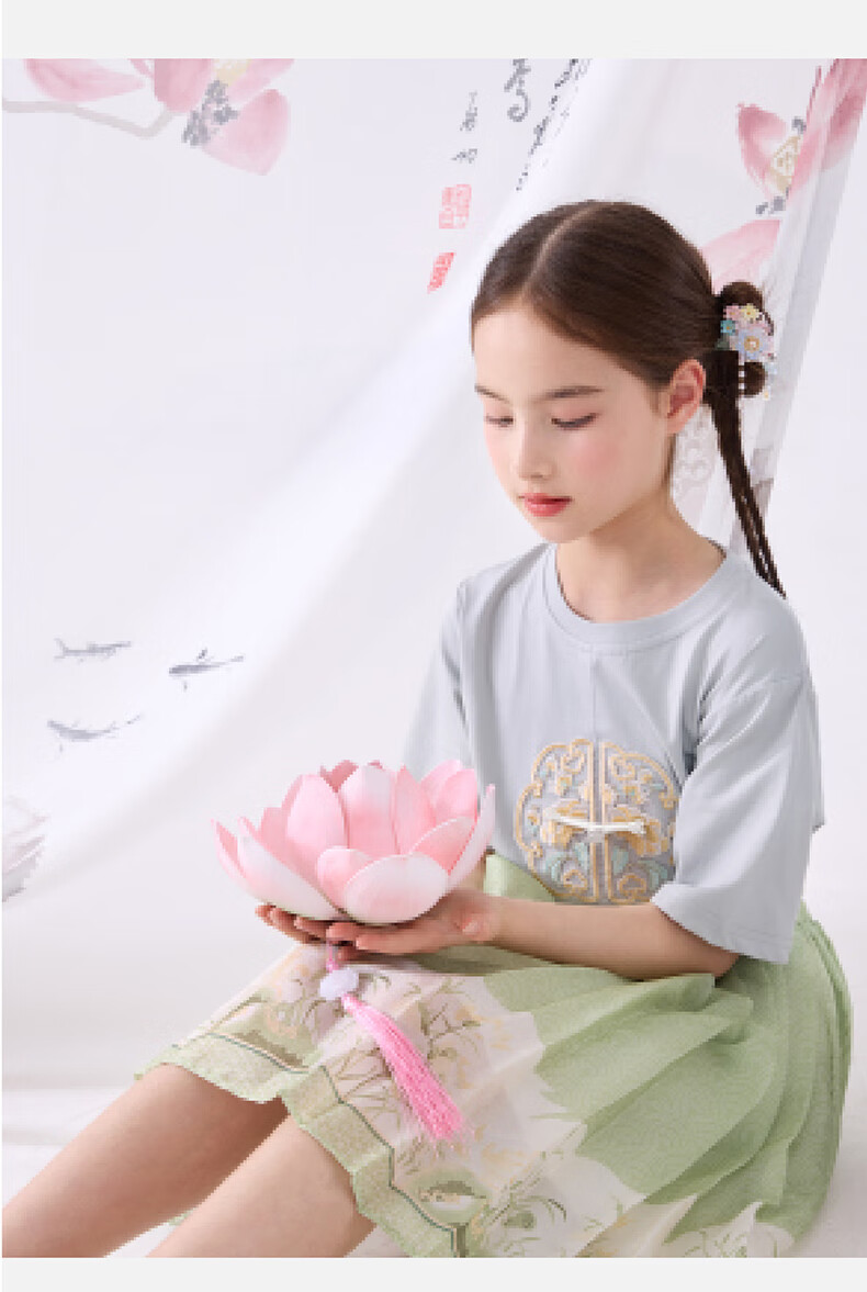 Duomiaowu Girls' Short-Sleeve T-Shirt, Summer Children's Top, Big Kids' Chinese-Style Summer Outfit, Stylish Undershirt, 81869 White, Size 120 10
