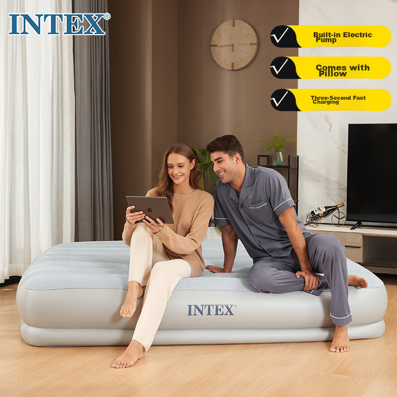 INTEX Electric Pump Double Automatic Inflatable Bed with Built-In Pillow, Car Nap Tent, Camping Companion Care Folding Bed 118CT2