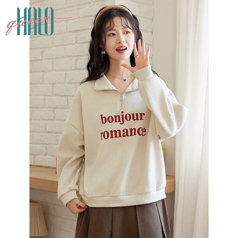 Halo Queen Women's Sweatshirt, Spring And Autumn American-Style POLO Collar, Trendy Letter Print, Loose Casual Pullover, New Product H143W1034