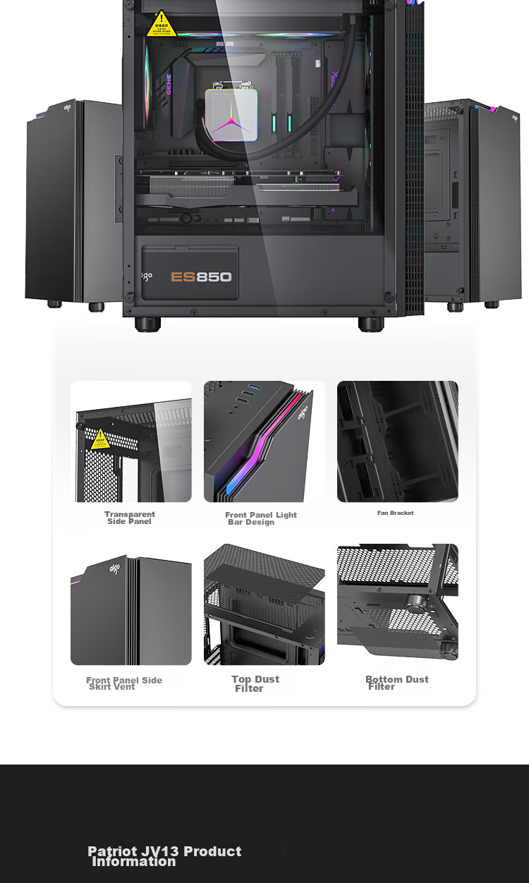 Aigo JV13 Black, Desktop Computer Case, Small Matx Case for Desktop (Transparent Side Panel/ITX Motherboard/240mm Water Cooling/RGB Light Strip) 16