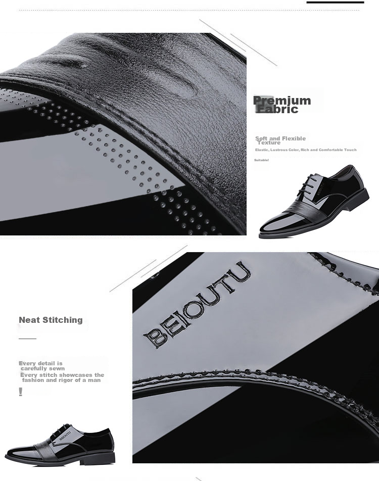 BEIOUTU Leather Shoes for Men, Business Formal Shoes, British Style Low-Cut Lace-Up Patent Leather Wedding Shoes, 2813 Black, Size 42 5