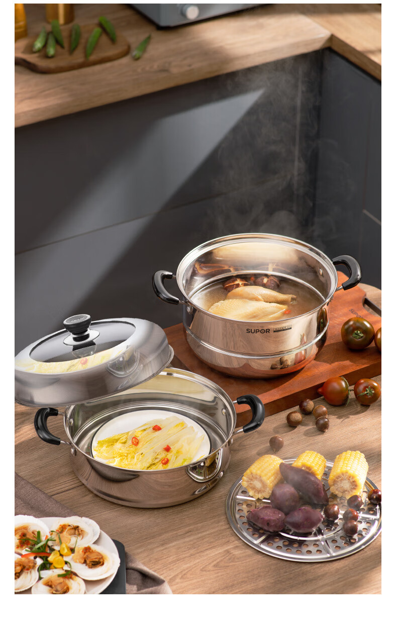 SUPOR 34cm 304 Stainless Steel Steamer Pot with High Dome Lid, Three-Layer Composite Bottom, Visible Steaming Fish Soup Pot SZ34B17 6