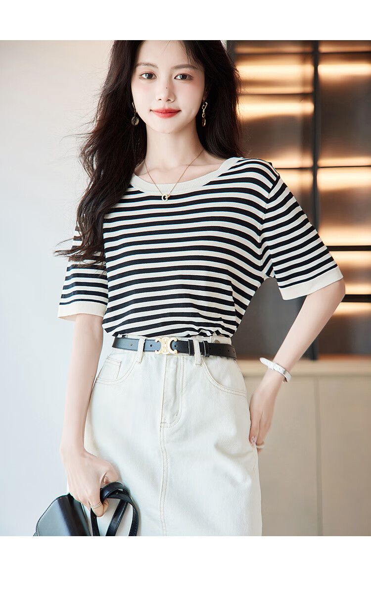 Dme [Hyperbolic Ice Linen Sweater] Summer Round Neck Short Sleeve Striped Knit Top for Wome 10