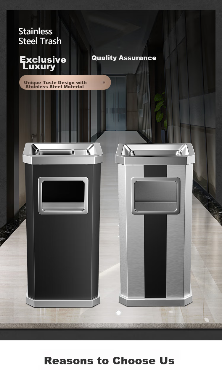 Lingxiang Stainless Steel Ashtray, Hotel Lobby Trash Can, Standing Garbage Bin with Inner Bucket, Shopping Mall Trash Can Box, Elevator Trash Can, Ash Suction Bin, Cigarette Smoke Extinguishing Column, Single Bin, Rectangular Shape 2