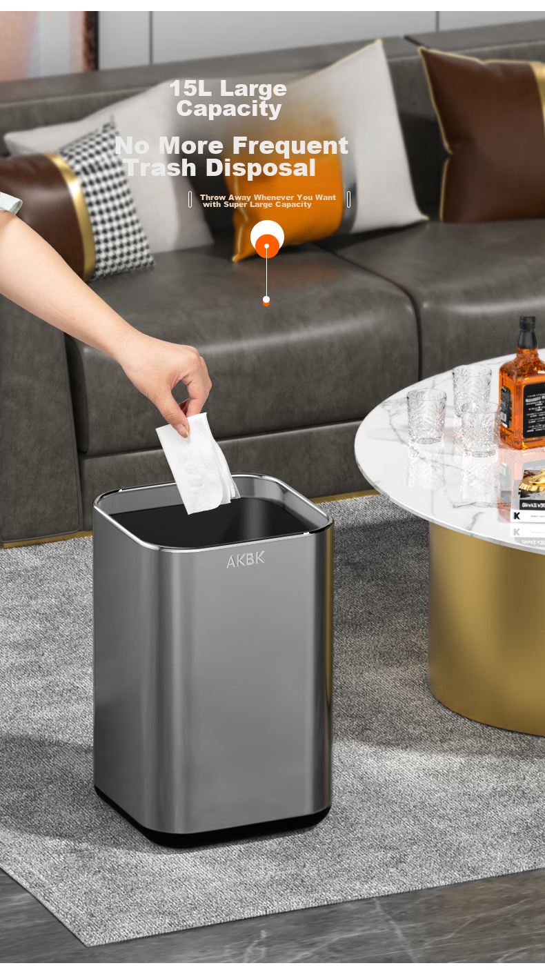 AKBK Stainless Steel Trash Can 15L Silver Large Square Bin for Living Room, Kitchen, Bathroom, Luxury Hotel, Office 5
