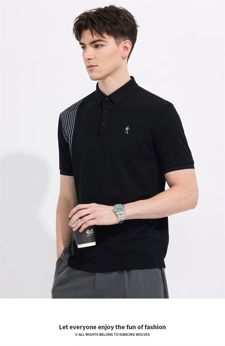 DANCING WOLVES [Cool Sensory Solona] Summer Sweat-Wicking Breathable Short-Sleeve Men's Polo Shirt, 001 Black, Size S (165cm) 1