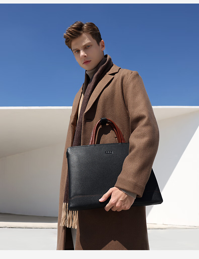 ELLE HOMME Men's Business Briefcase, Fashionable Genuine Leather Handbag, Horizontal Trendy Simple Cowhide Men's Bag, 12510 Black 3