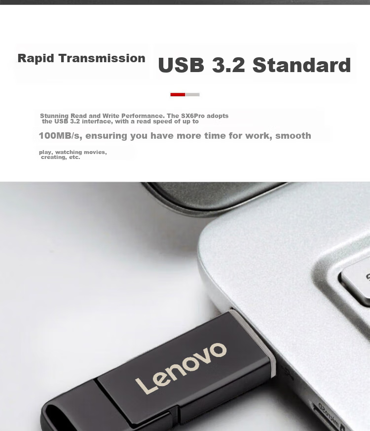 Lenovo 64GB Type-C USB3.2 Dual-Interface Metal Cap Dustproof Shockproof Mobile Flash Drive SX6Pro Series Gunmetal Color 3