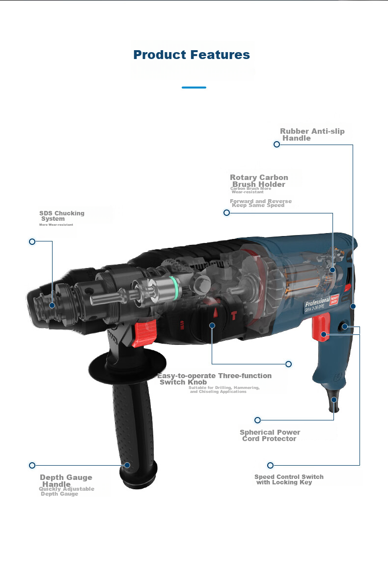 BOSCH Electric Hammer, Drill, Pick, Flat Drill, Chisel, Impact Reversing Four-Hole Electric Hammer Tool Box, 830W Plug-In GBH2-26 11