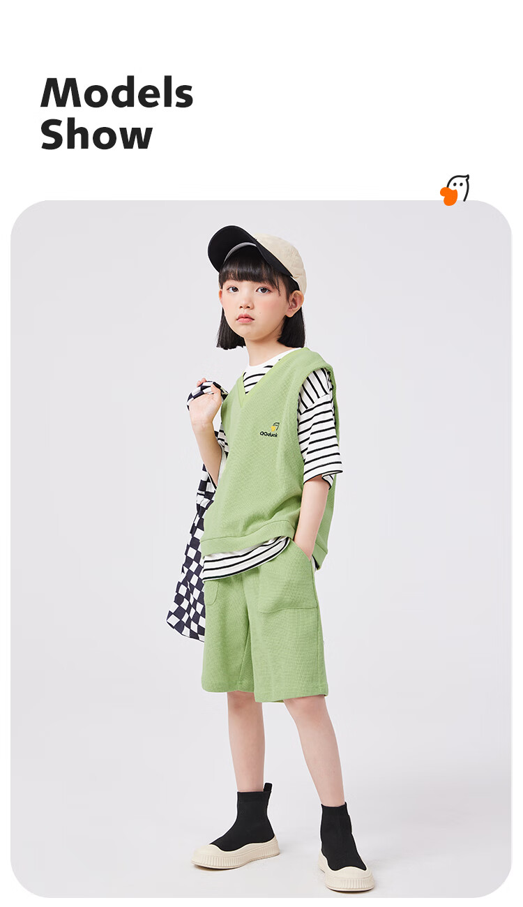 QQ DUCK Girls' Summer Outfit Set, Children's Sports Short-Sleeve Shorts, Youth Clothing, Waffle Texture, Green; Size 120 7