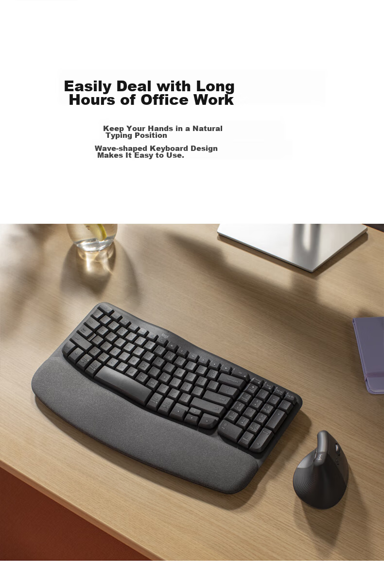 Logitech Wave Keyboard, Ergonomic Keyboard, Office Keyboard, Wireless Blue Keyboard with Soft Palm Rest, Connects to 3 Devices, White, 99 Keys 2