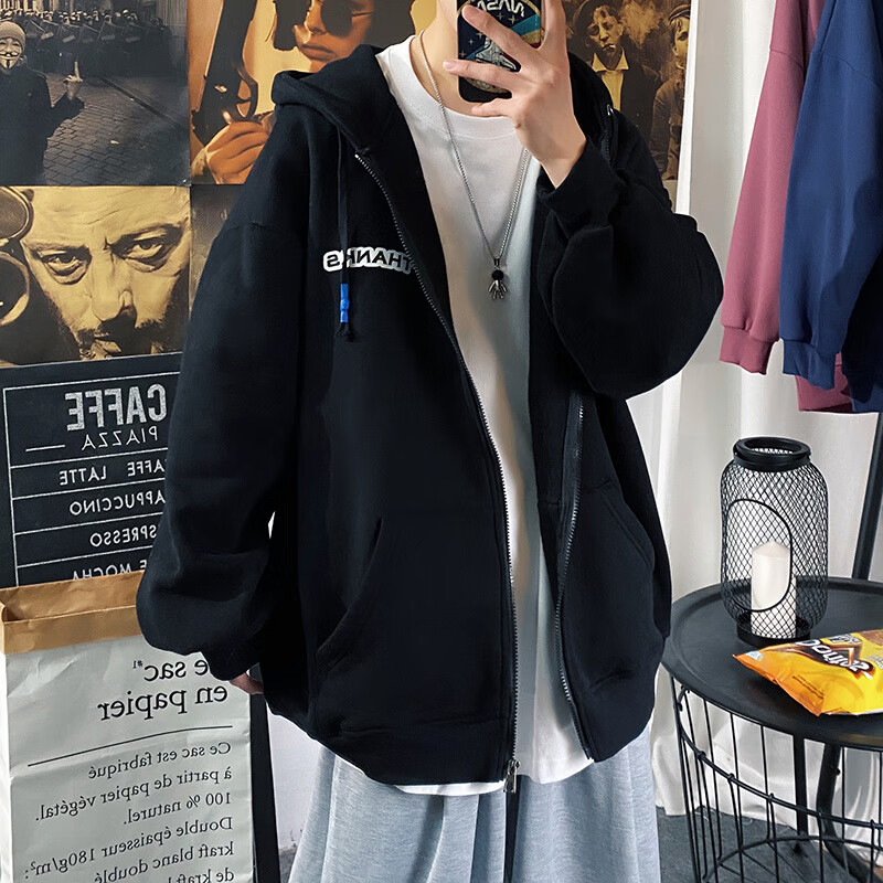 Foss Phil Men's Jacket, Spring And Autumn Large Size Cardigan Sweatshirt, Hooded Sports Top, Loose-Fitting Jacket JK2080 Black L
