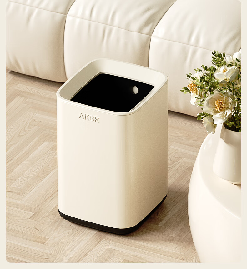 AKBK Stainless Steel Trash Can 15L Trendy Cream Style for Home Living Room Kitchen Light Luxury Hotel Office Large Square Lifting Lid 6
