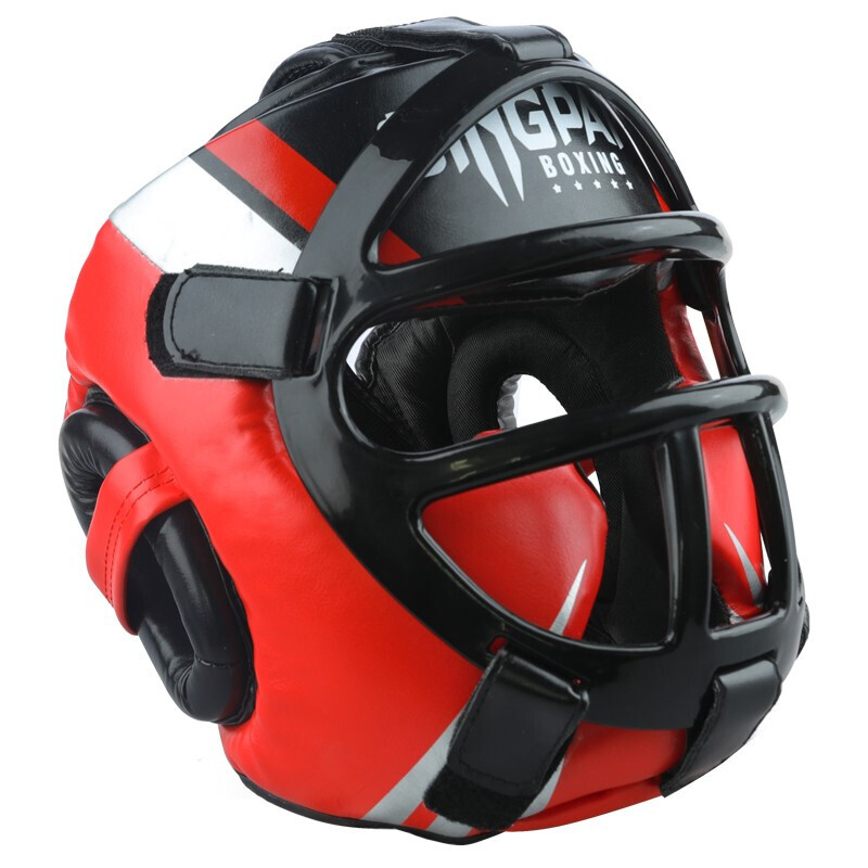Jingpai Fully Enclosed Boxing Helmet, Adult And Children's Face Guard, Head Protector for Sanda And Taekwondo, Red, Size S