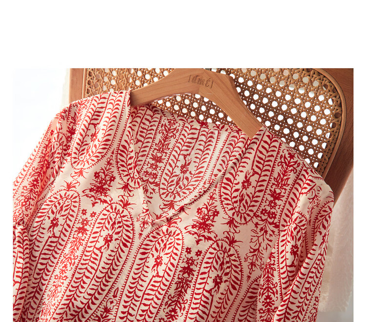 Dme [Chiffon Hibiscus Linen Shirt] Summer V-Neck Three-Quarter Sleeve Paisley Print Blouse Women's Top 15