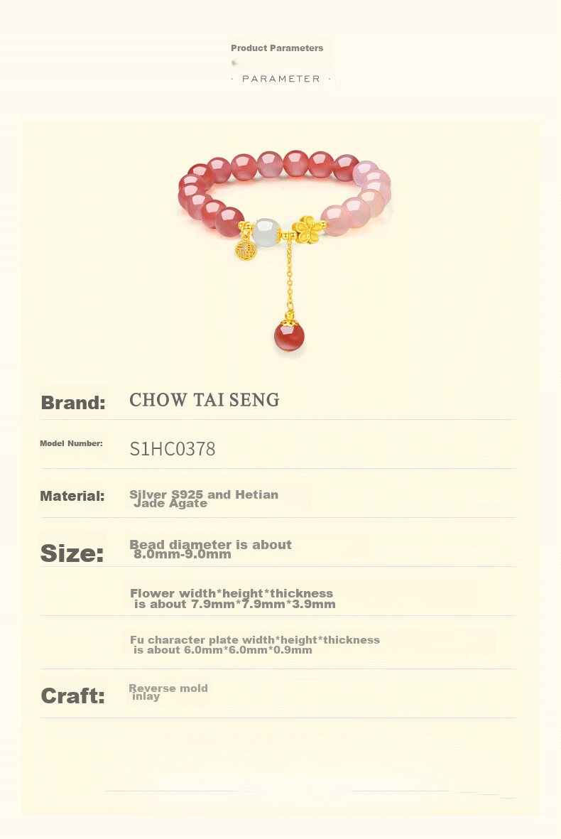 CHOW TAI SENG Peach Blossom Agate Bracelet, Silver Bracelet for Women, 2026 New Style, Graduation Birthday Gift for Ladies, Present for Girlfriend 9