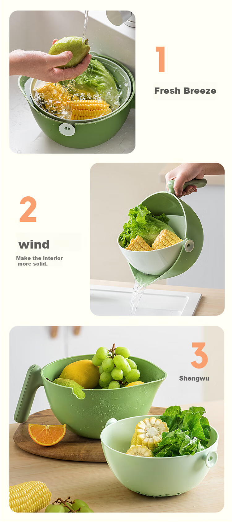 Bear Vegetable Washing Basket Draining Basket, Double-Layer Separable Draining Fruit Washing Basket, Thickened Vegetable Basin JE012-P01 5