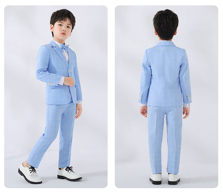 LUOBOBEIBEI Boys' Suit Set, Children's Formal Wear for Spring And Autumn, Plaid Suit, Flower Boy Birthday Outfit, Blue Four-Piece Set, Size 110 15