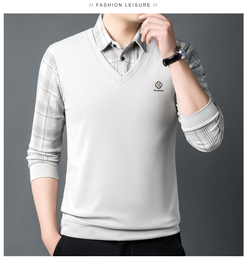 Pierre Cardin Men's Long Sleeve T-Shirt Spring Autumn Business Casual Two-in-One Polo Shirt Dark Gray XL 4