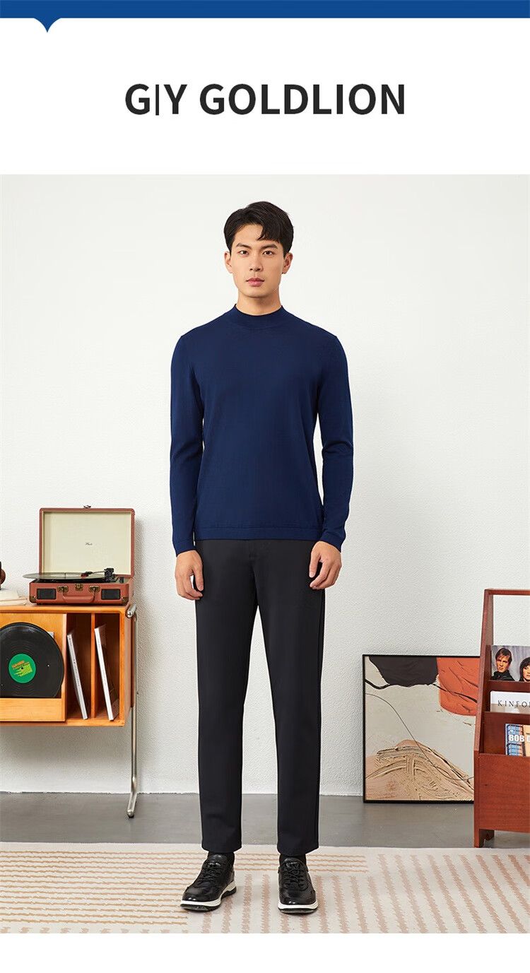Goldlion Men's Wool Sweater, Spring And Autumn New Style, Simple Solid Color Knitted Inner Layer Top WLR0739-LK103, Navy Blue, M00 6