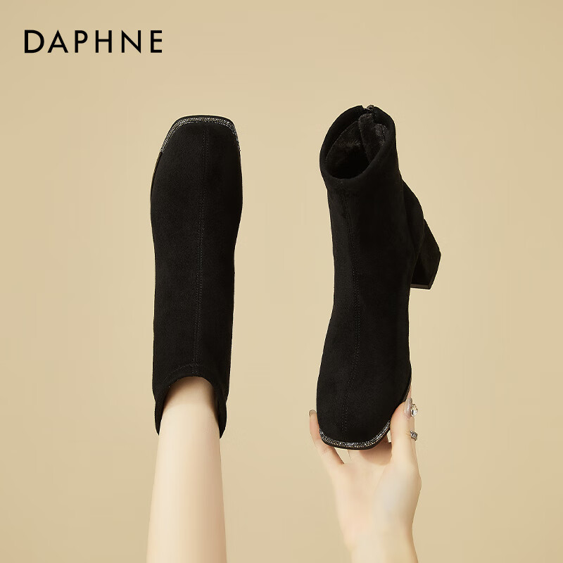 DAPHNE Suede Short Boots Women Thick Mid Heels Slim Boots Winter Fleece French Style Versatile Ankle Boots Black Fleece Size 39