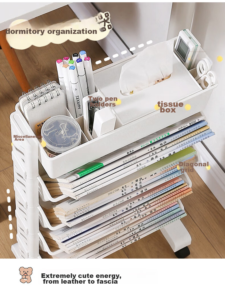 Jinlongxing Mobile Bookshelf, Classroom Desk Side Storage Rack, Floor-Standing Book Organizer with Wheels, Magazine Rack, Six-Tier 5