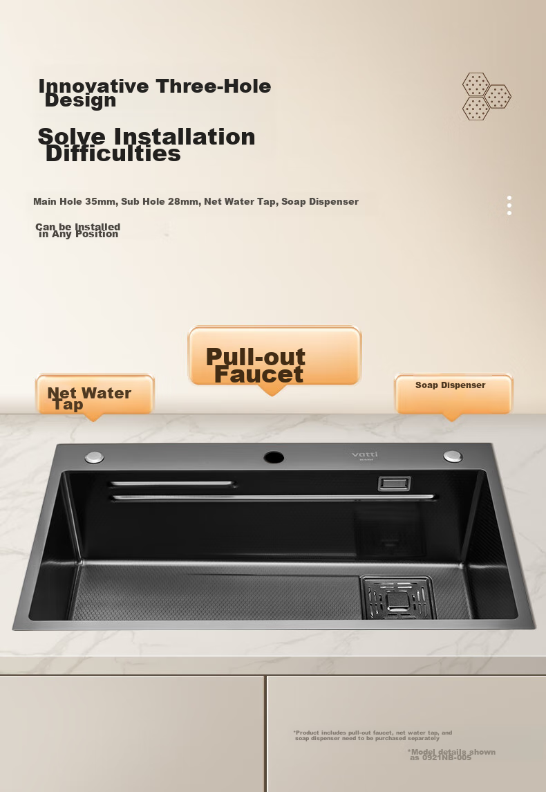 VATTI [Renovation Subsidy] Kitchen Sink, Large Single Bowl, Vegetable Washing Basin, Integrated Basin, 304 Stainless Steel Honeycomb Nano S5 17
