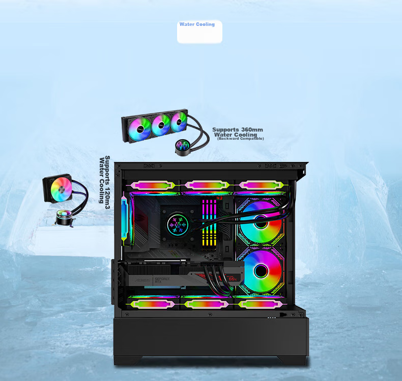 BUBALUS Phantom Black No-Pillar Panoramic Case (360mm Radiator Support / Full-View Tempered Glass / Supports 5-Slot M-ATX Motherboard / Long Graphics Card Compatible) 12