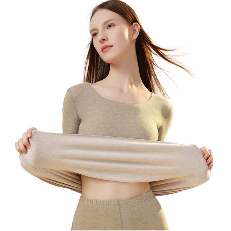 MiiOW New Women's Thermal Underwear Set with German Wool, Heat-Generating, Wool And Silk Blend, Antibacterial, Seamless Autumn Top And Bottom, Skin Color, Size L