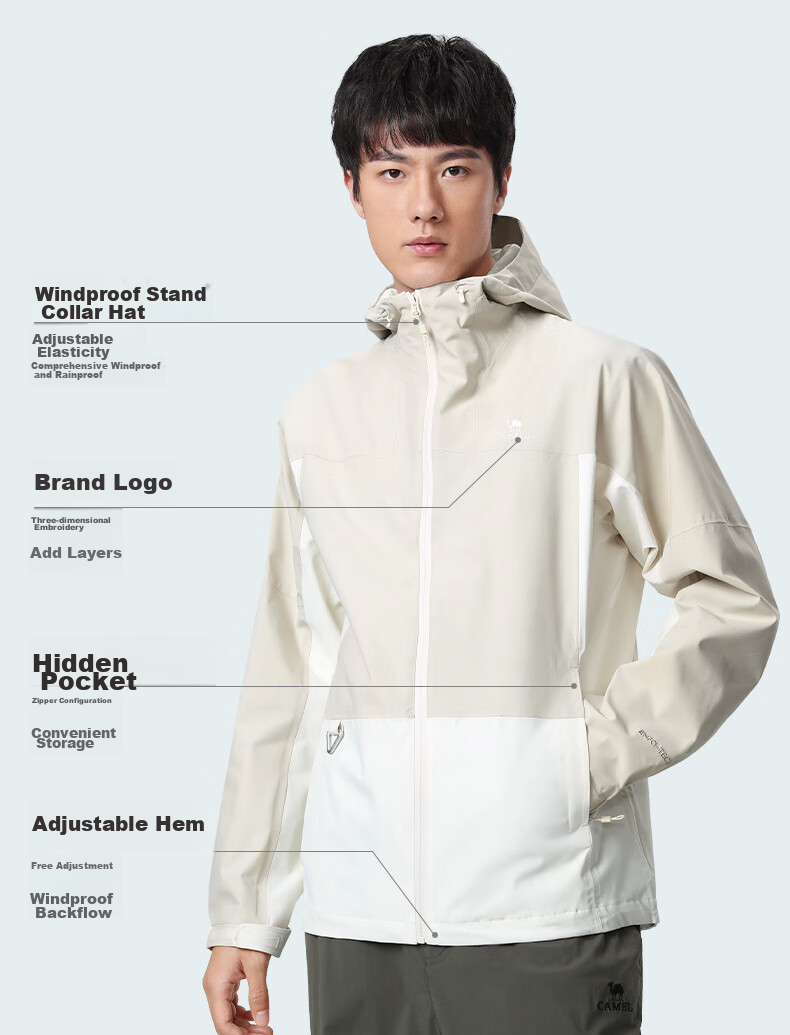 CAMEL Outdoor Mountain-Style Windbreaker Jacket for Men And Women, Single Layer Spring Camping Coat Windproof Clothing TR085 Oatmeal Gray Men XXL 3