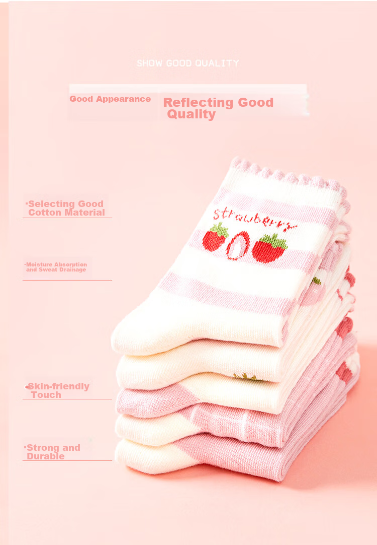 Nanjiren Children's Socks, Girls' Socks, Cotton Mid-Calf Socks, All-Season Socks for Older Children, 5 Pairs Pack, Small Heart Pattern, Size L 5