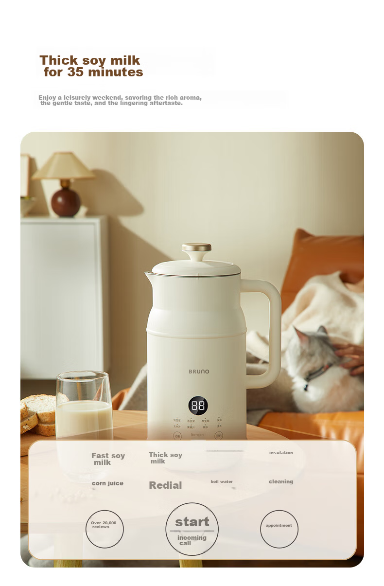 BRUNO Blender Soy Milk Maker, Home Small Mini Fully Automatic, No Hand Washing Required, No Filtering Needed, Juicer Health Pot, Cooking Breakfast Machine, 0.8L White DJ08S01 7