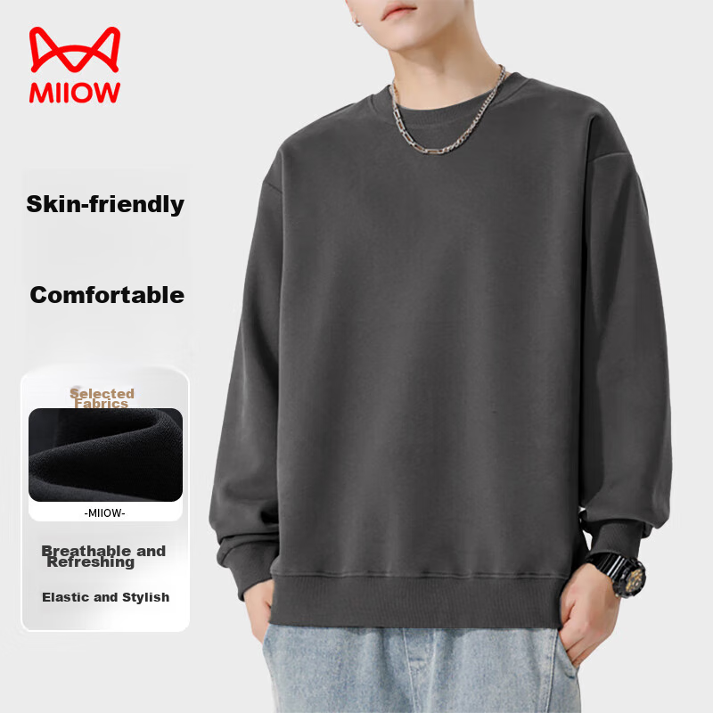 MiiOW Sweatshirt for Men, Round Neck Long Sleeve T-Shirt, Trendy Versatile Base Layer, Autumn Sports Menswear Jacket, Medium Gray, XL