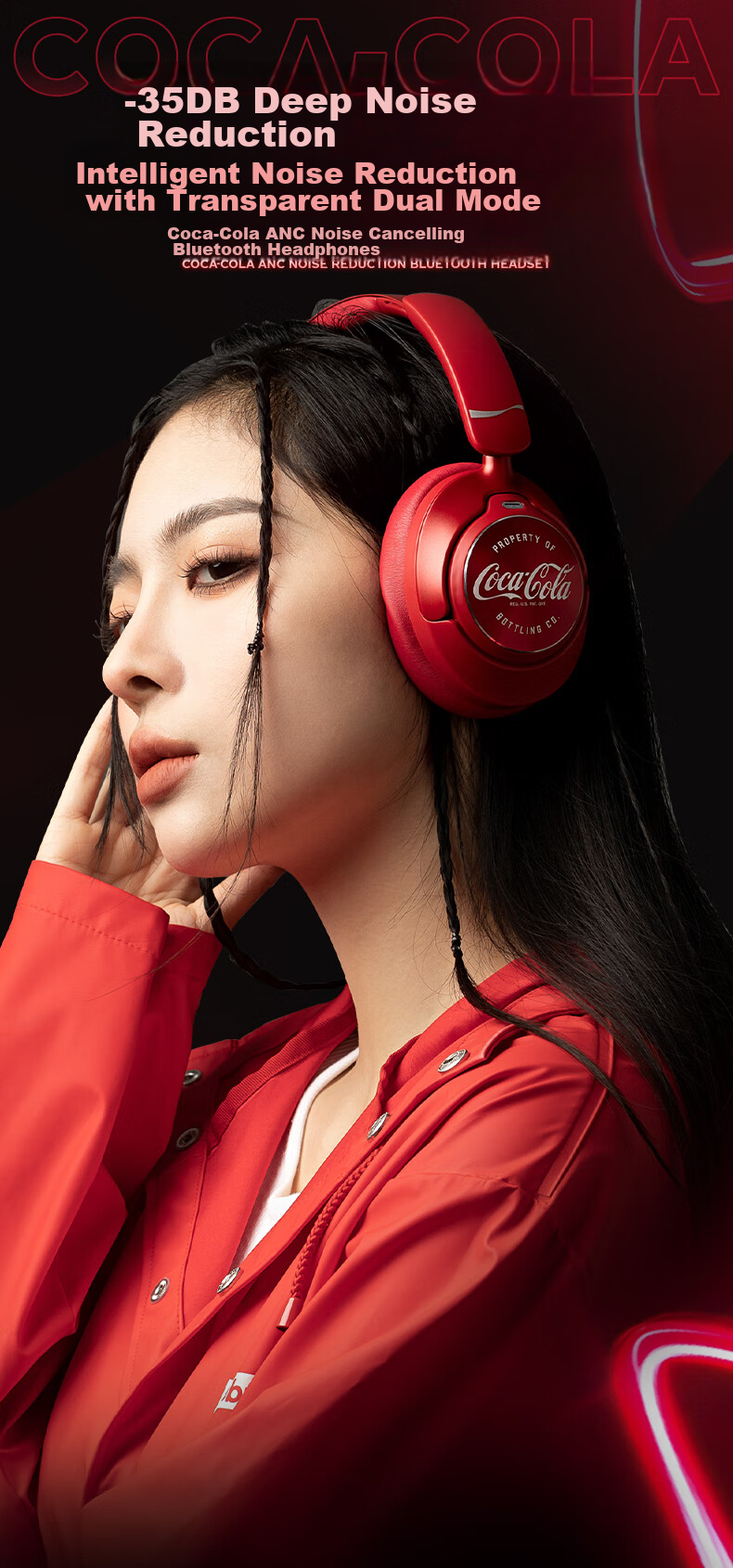 Coca-Cola T07 Over-Ear Bluetooth Headphones with ANC Active Noise Cancellation, Gaming, Sports, Running Wireless Earphones, Long Battery Life, Suitable for Men And Women Students, Birthday Gift, Compatible with Apple, Huawei, Xiaomi 1