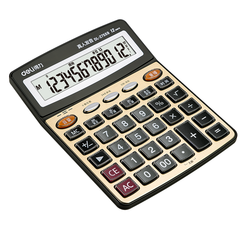 Deli Large Gold Panel Voice Calculator, Student/Finance Office Use, 12-Digit Display with Real Voice Calculation, Office Stationery Supplies, Large Size, 27559