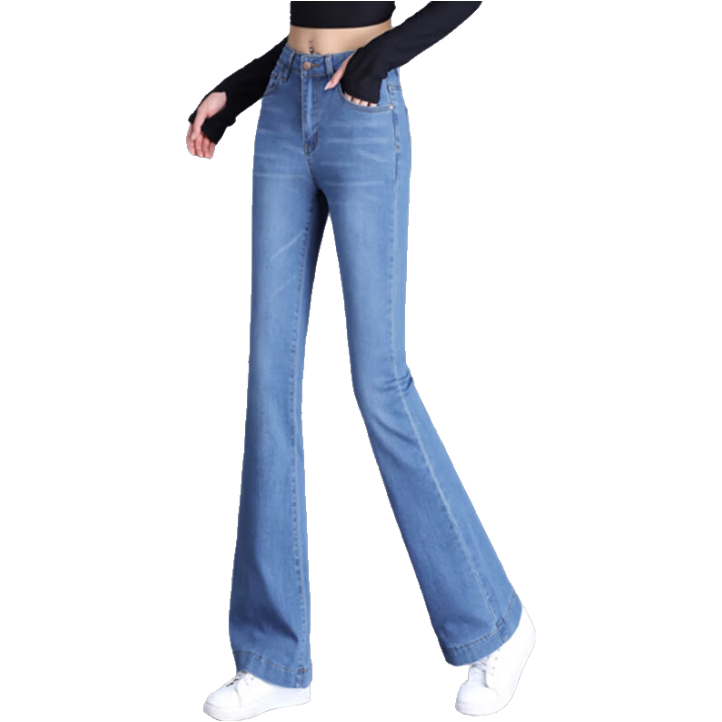 Pierre Cardin [High-Waisted Slimming] Women's Jeans, Summer Heightening Casual Versatile Elastic Slim-Fit Flared Pants, Light Blue, Size 28