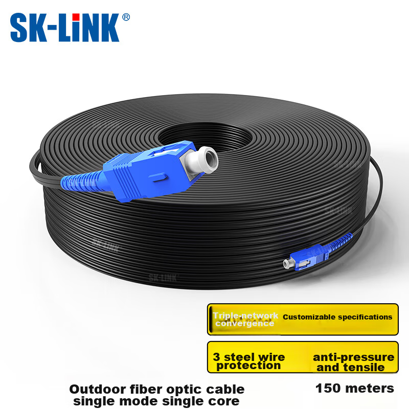 SK-LINK Single-Mode Single-Core Outdoor Fiber Optic Cable, 1 Core 3 Steel Wire SC-SC Pigtail Fiber Optic Network Cable, Low Smoke Zero Halogen 150 Meters SWGLSM-150M (SC)