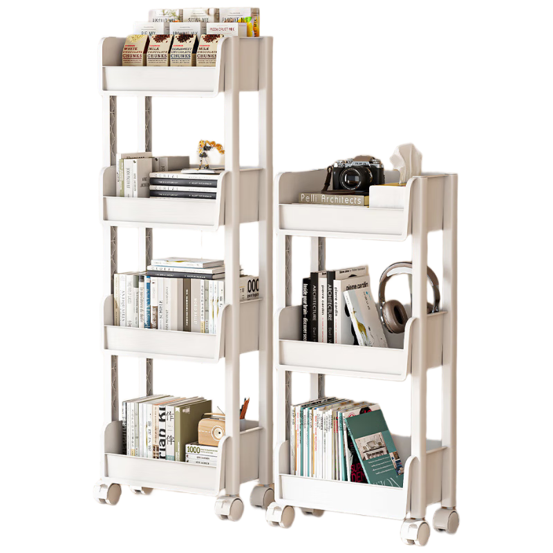 Anerya Mobile Bookshelf Storage Rack with Wheels, Floor-Standing Desk Organizer for Books, Backpacks, And Study Supplies, White, 4 Tiers