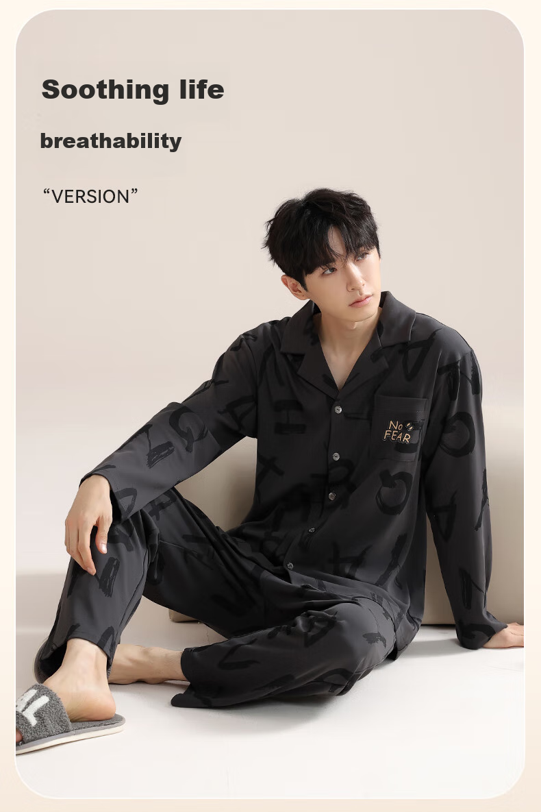 MiiOW [100% Pure Cotton] Men's Pajamas, Spring And Autumn Long-Sleeve, 10A Antibacterial, Anti-Mite, Sweat-Absorbing, Breathable Home Wear Set 14