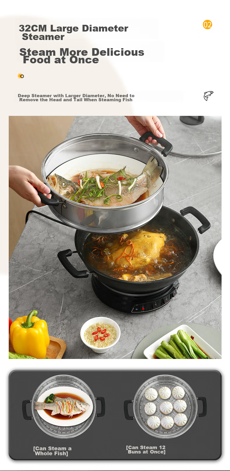 Royalstar Electric Wok, Steamer Pot, Cooking Pot, Shandong Pot, Household Cast Iron Stew And Steam Cooker, Non-Stick Pan, Multi-Functional Steamer for Buns, RDQJ3-34 Single Steamer Appliance 12